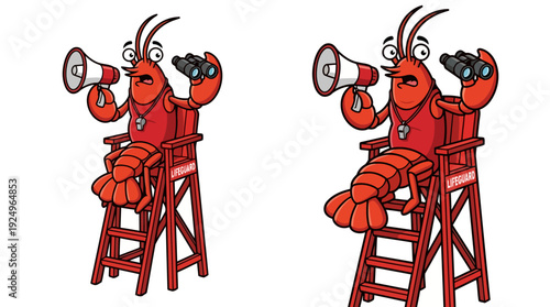 Cartoon Lobster Lifeguard with Megaphone and Binoculars on High Chair.
