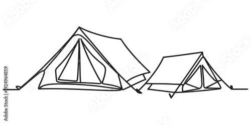 Continuous line drawing of two camping tents on a white background for outdoor adventure. Vector, illustration