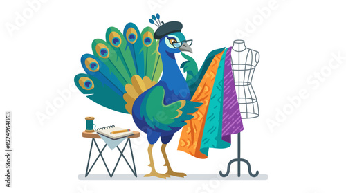 Peacock Fashion Designer with Fabrics and Mannequin.