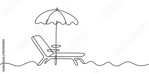 Continuous line drawing of a beach chair under a large sun umbrella on a sandy shore Vector, illustration