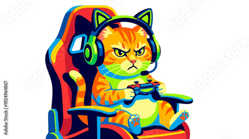 Angry Feline Gamer with Headset and Controller Sitting in Gaming Chair.