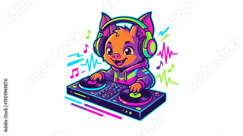 Cute Cartoon Animal DJ Mixing Music on Turntables.