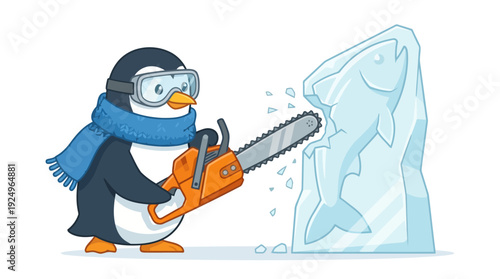 Penguin wearing goggles and scarf carving ice sculpture with chainsaw.