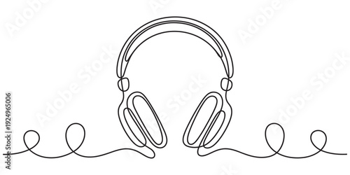 Continuous line drawing of headphones with musical waves on a white background Vector, illustration