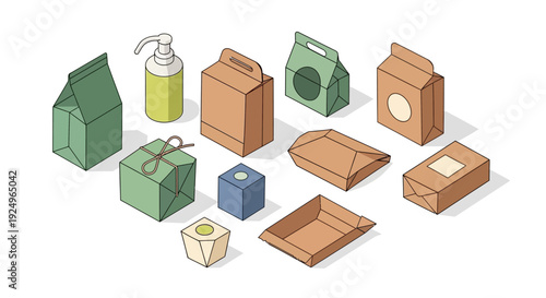Assorted packaging materials and cardboard boxes arranged in a flat lay on a plain surface from a top-down viewpoint