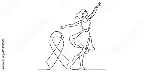 Continuous line drawing of a woman dancing gracefully next to an awareness ribbon. Vector, illustration