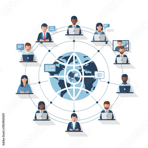 Global network of people working together on laptops around the world