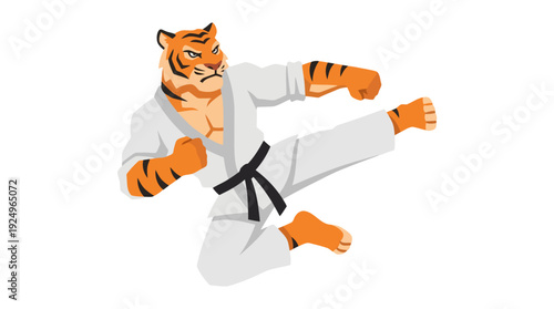 Dynamic Tiger Practicing Martial Arts Kick in White Kimono.