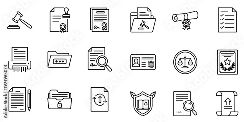 Legal document icon set. Containing contract, agreement, passport, ID card, certificate, license, patent, testament and more. Vector solid icons collection.