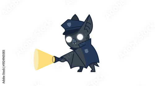 Cute Bat Police Officer Holding Flashlight Cartoon Illustration.