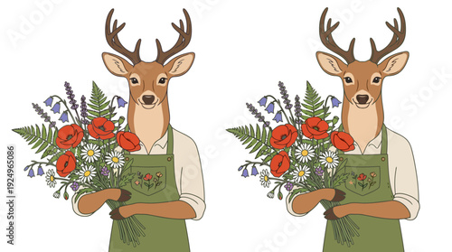 Charming deer character holding beautiful floral bouquet, wearing a stylish apron, ready for a special occasion.