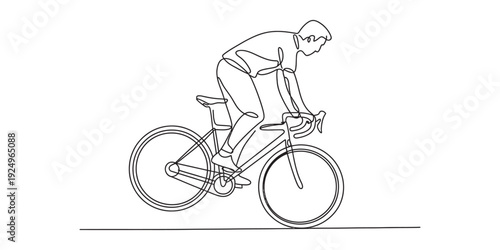 Minimalist line art illustration of a person riding a road bicycle in a dynamic racing posture Vector, illustration
