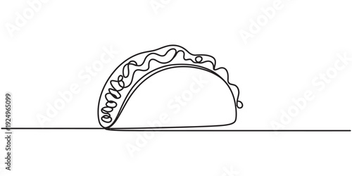 Continuous line drawing of a delicious taco with various fillings on a white background. Vector, illustration