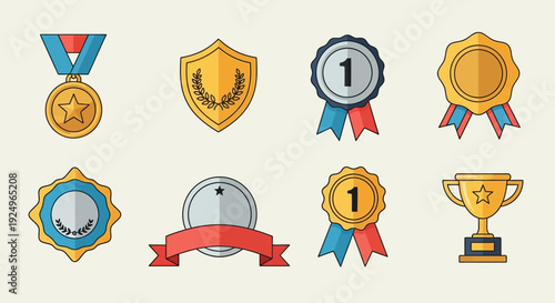 Collection of award badges and trophies displayed in a grid on a neutral background