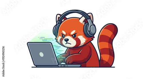 Cute red panda wearing headphones working on laptop programming code.