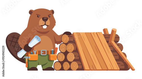 Cartoon Beaver Builder with Blueprint and Wood Logs.