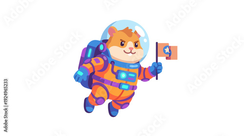 Cute Hamster Astronaut Waving Flag in Space Suit.
