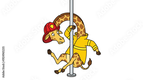 Giraffe Firefighter Sliding Down a Pole.