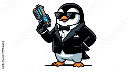 Penguin Secret Agent with Sunglasses and Gun.