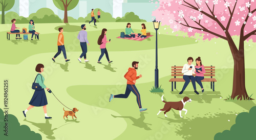 People enjoying a serene day in a vibrant park with blooming trees and walking dogs on a sunny afternoon