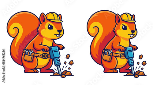 Cute Squirrel Construction Worker Operating Jackhammer Digging Ground.