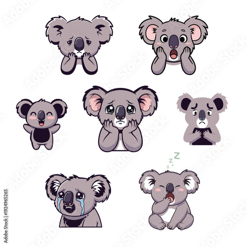 Cute Koala Emotion Sticker Set, Adorable Cartoon Koala Expressions Collection, Kawaii Animal Character Vector Illustration
