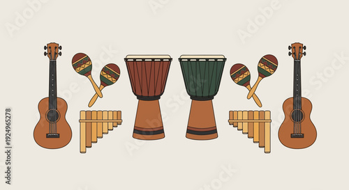 An assortment of musical instruments including guitars, drums, xylophones, and maracas arranged in a neat row on a plain background from a straightforward viewpoint