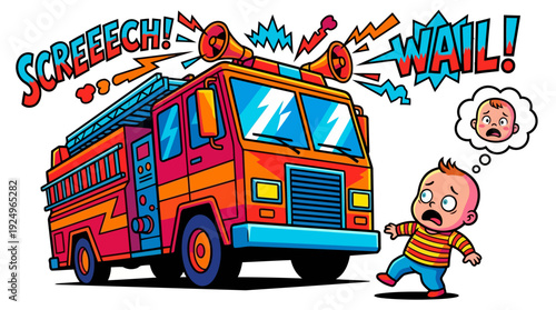 Illustration of a fire truck with loud sirens and a crying baby.