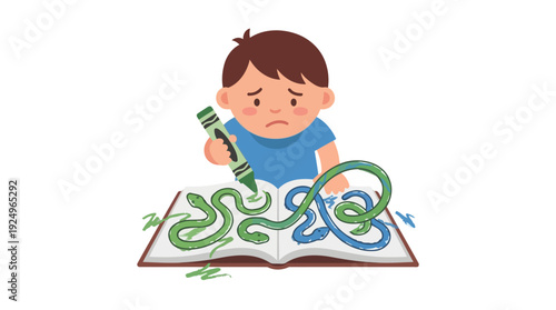 Sad Little Boy Struggling with Maze Puzzle in Book.