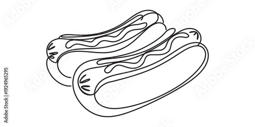 A simple black and white line drawing of two hot dogs in buns with condiments on top. Vector, illustration