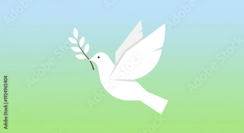 A white dove flying with an olive branch in its beak against a serene blue to green gradient background illustration