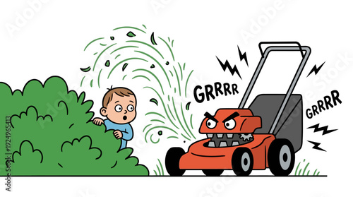Frightened Child Hiding from Angry Lawn Mower Machine.