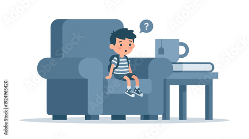 Confused Young Boy Sitting on a Comfortable Armchair.