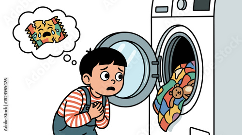 Young boy worried about his favorite blanket in the washing machine.