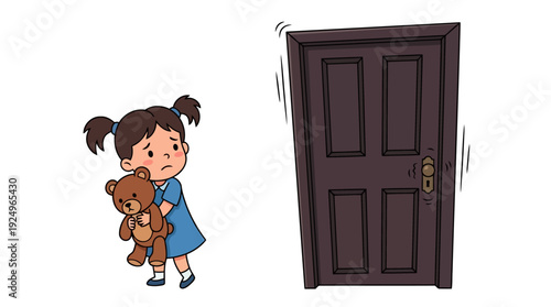 Little Girl Holding Teddy Bear with Fearful Expression.