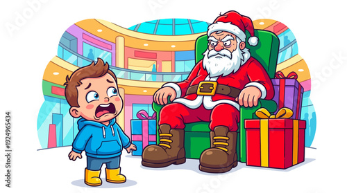 Little Boy Crying in Front of Angry Santa Claus.