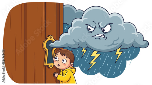 Child peering through keyhole at angry storm cloud with lightning and rain.