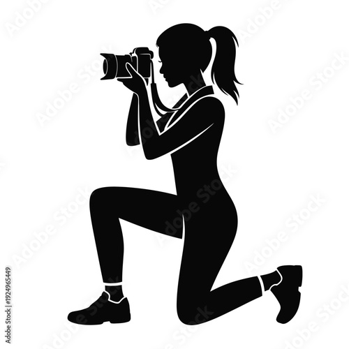 Athletic woman in a squat position holding a camera ready to capture a moment. isolated on white background, Vector, illustration