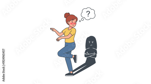 Woman with Question Mark Thought Bubble and Sad Shadow.