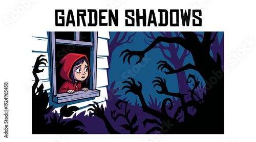 Little Red Riding Hood Peeking Out Window at Scary Shadows.