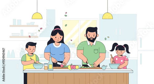 Family cooking together in a modern kitchen with counter, utensils, and ingredients from a frontal viewpoint