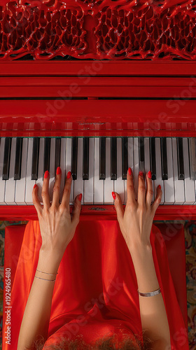 Top View of Female Hands Playing Vibrant Red Piano in Elegant Red Fashion