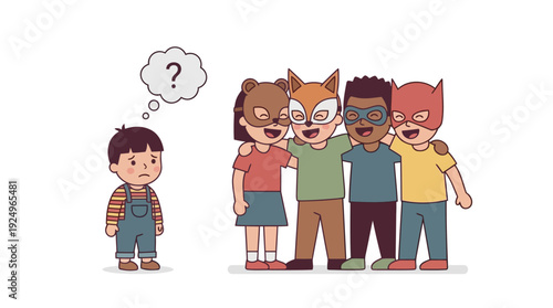 Sad Boy Feeling Excluded While Group of Friends Play Together.