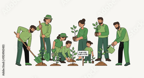 Group of people in green uniforms planting trees and saplings in a row, outdoors, from a frontal viewpoint