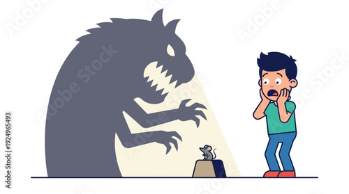 Boy Frightened by Monster Shadow from Small Mouse.