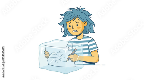 Confused young person with blue hair looking at a crumpled map.