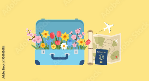 Traveling in style with flowers, passport, and map, showcasing adventure and journey