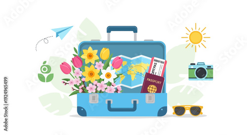 A vibrant blue suitcase overflowing with flowers, travel documents, and accessories, symbolizing adventure and journey preparation