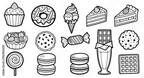 Collection of delicious cartoon sweets and desserts