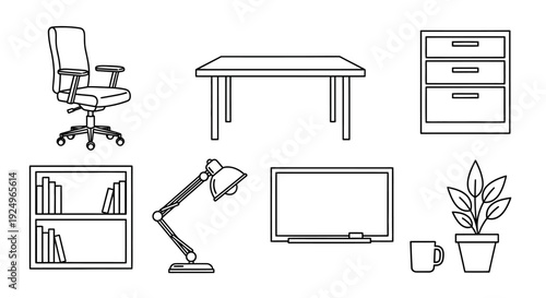 Line art illustrations of office furniture and supplies.